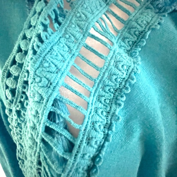 Chico's Turquoise Blue linen/cotton cardigan Top with fringe and lace trim - Picture 4 of 8